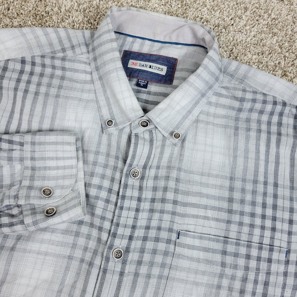 32 Bar Blues Mens XL Gray Plaid Button Down Long Sleeve Flannel